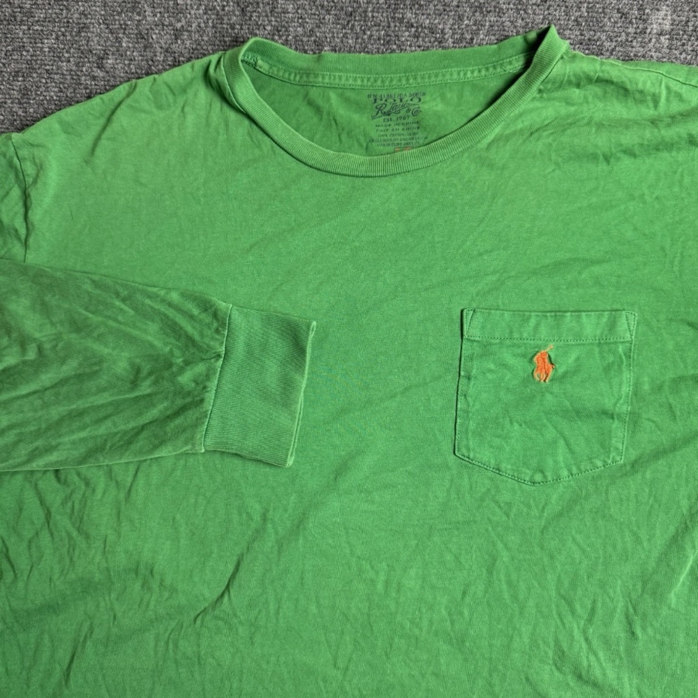 Vintage Polo Ralph Lauren V-Neck Long Sleeve T-Shirt Green Large 100% Cotton